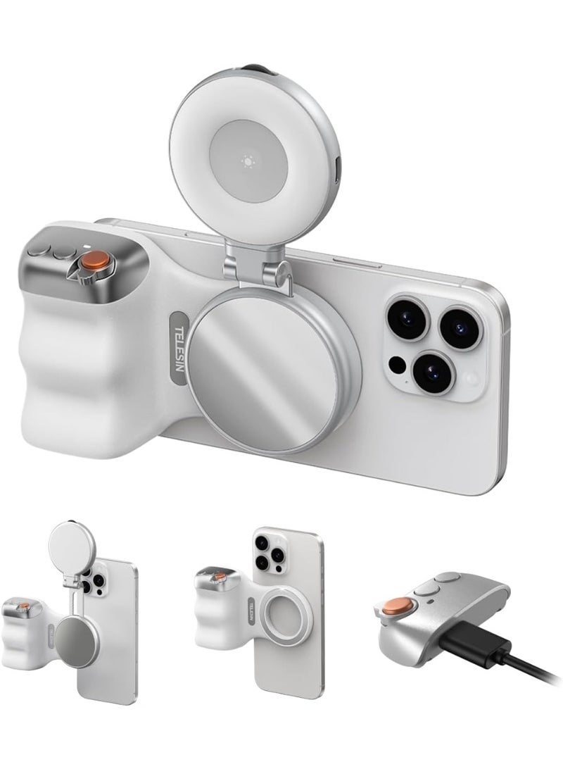 TELESIN Magnetic Phone Camera Grip with LED Fill Light & Mirror – Rechargeable MagSafe Compatible Selfie Handle for iPhone – Grey - Image 1